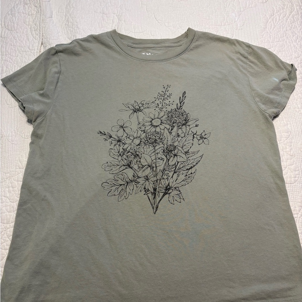 Short-Sleeve Crewneck Tee with Black Floral Sketch - Olive Sage